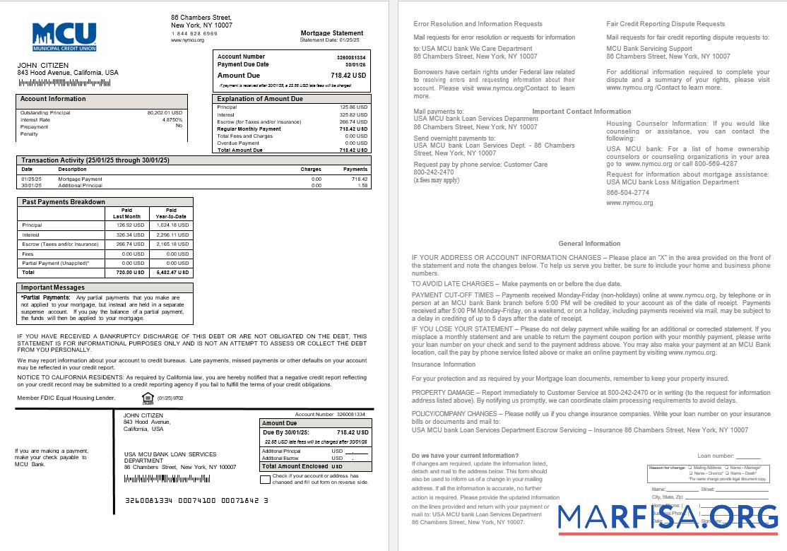 Realistic USA MCU bank mortgage statement in Word and PDF formats template